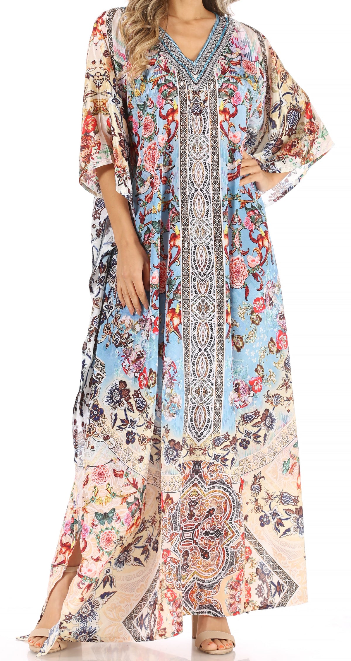 Sakkas Anahi Flowy Design V Neck Long Caftan Dress / Cover Up With Rhinestone