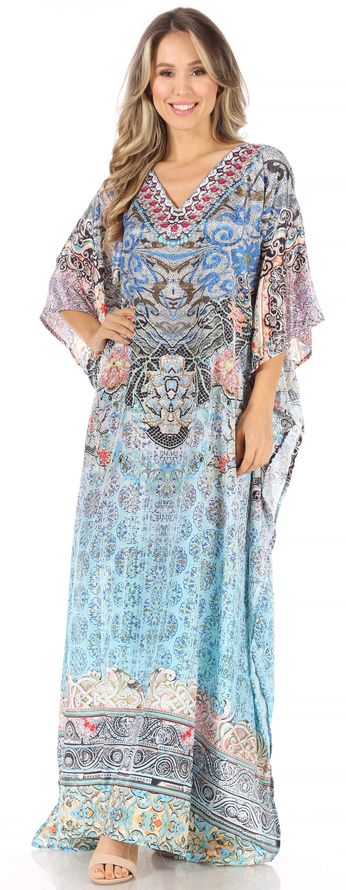 Sakkas Anahi Flowy Design V Neck Long Caftan Dress / Cover Up With Rhinestone