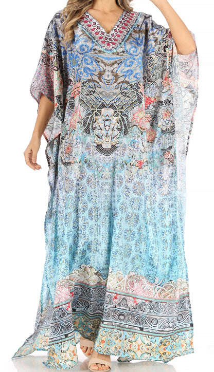 Sakkas Anahi Flowy Design V Neck Long Caftan Dress / Cover Up With Rhinestone