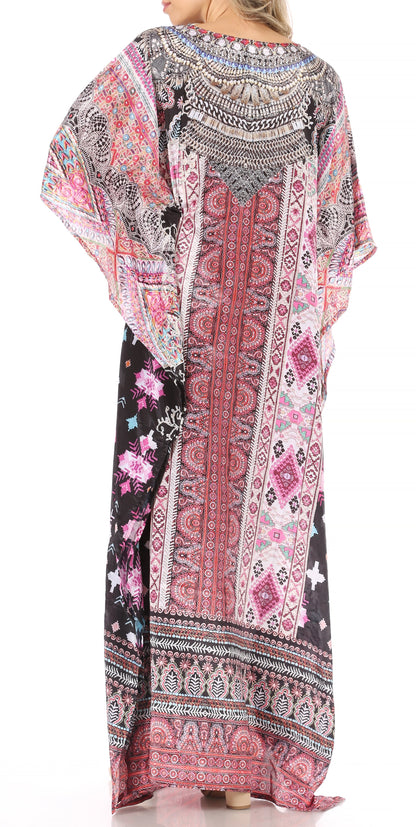 Sakkas Anahi Flowy Design V Neck Long Caftan Dress / Cover Up With Rhinestone
