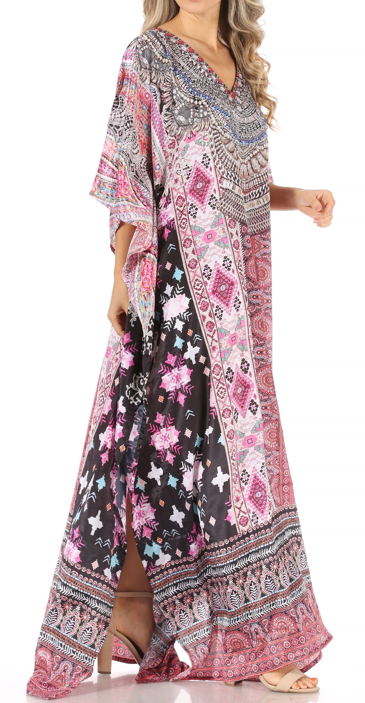 Sakkas Anahi Flowy Design V Neck Long Caftan Dress / Cover Up With Rhinestone