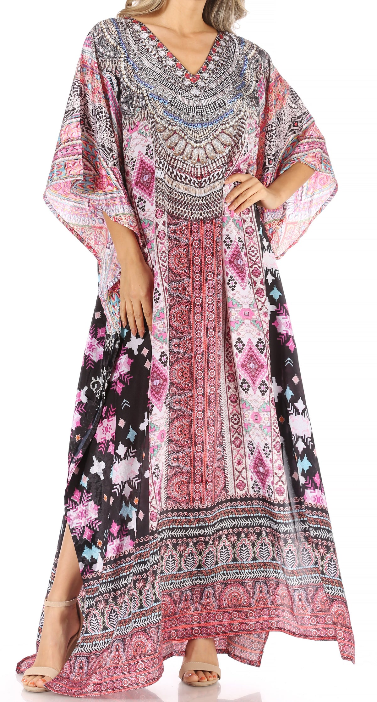Sakkas Anahi Flowy Design V Neck Long Caftan Dress / Cover Up With Rhinestone