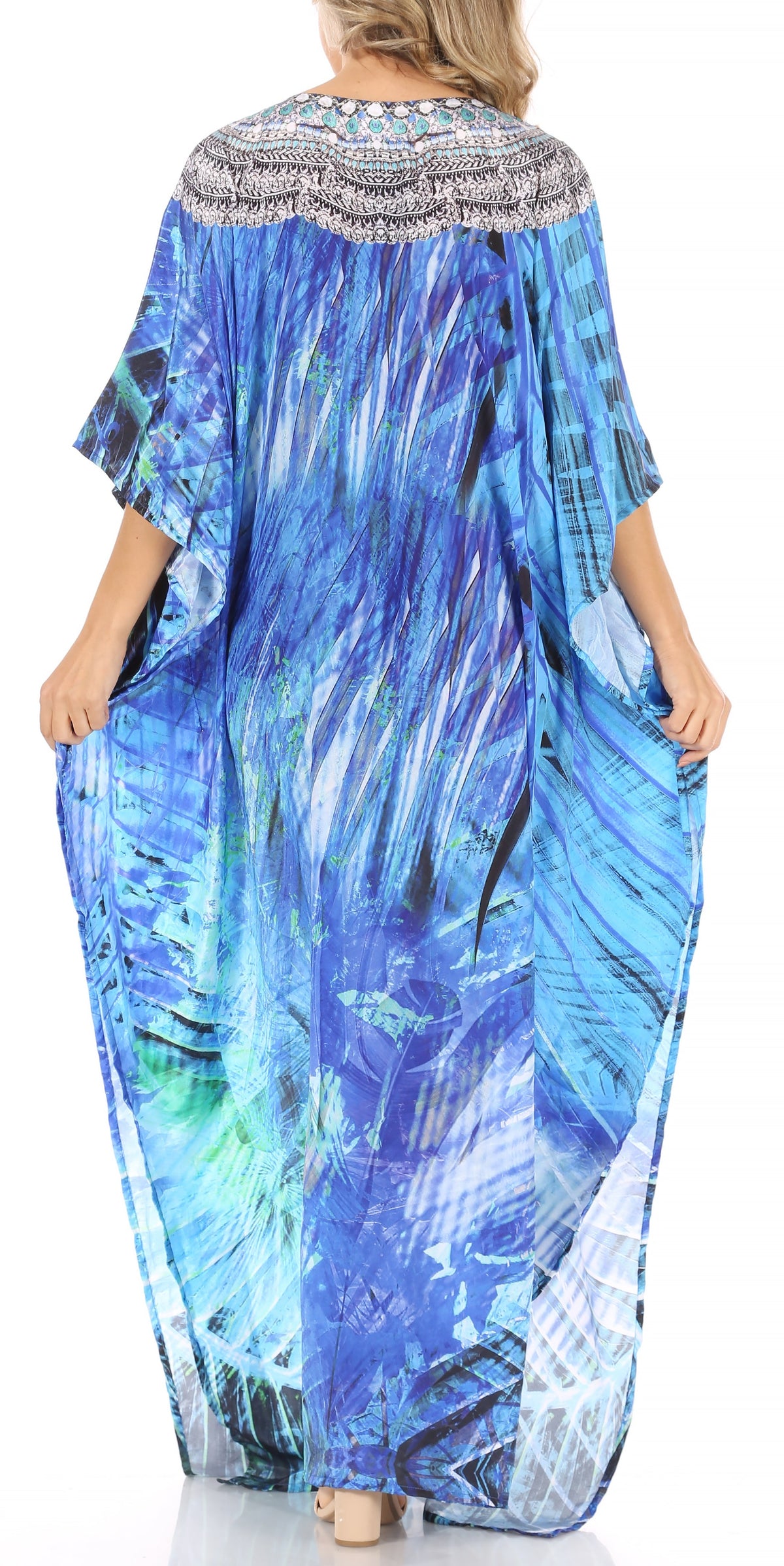 Sakkas Anahi Flowy Design V Neck Long Caftan Dress / Cover Up With Rhinestone