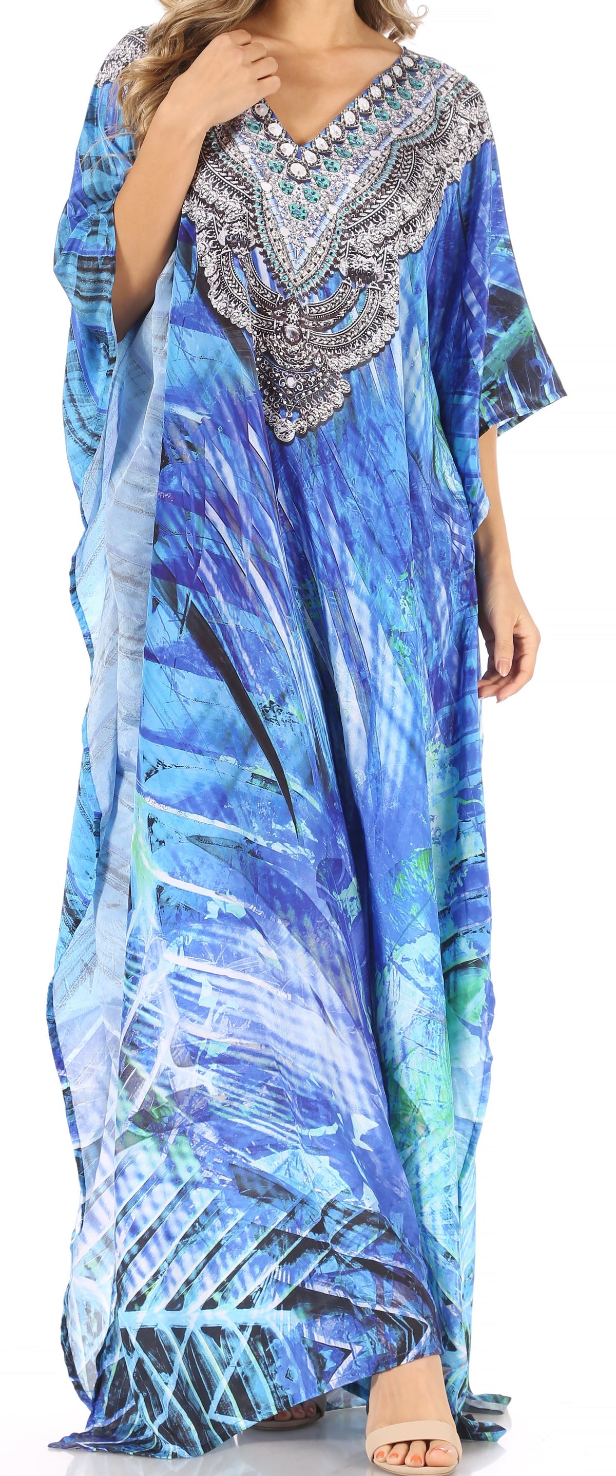 Sakkas Anahi Flowy Design V Neck Long Caftan Dress / Cover Up With Rhinestone