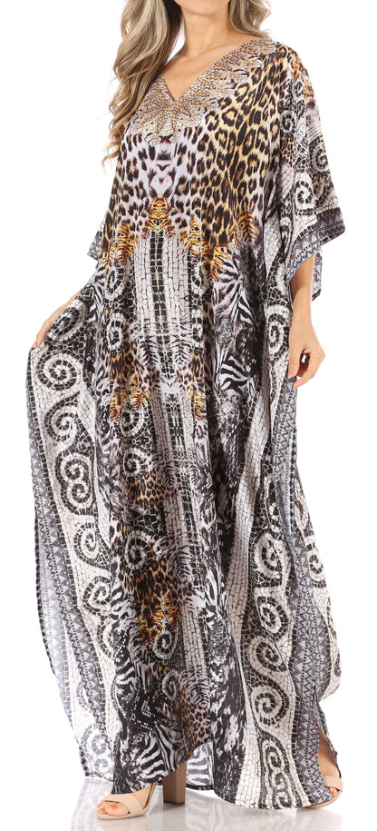 Sakkas Anahi Flowy Design V Neck Long Caftan Dress / Cover Up With Rhinestone