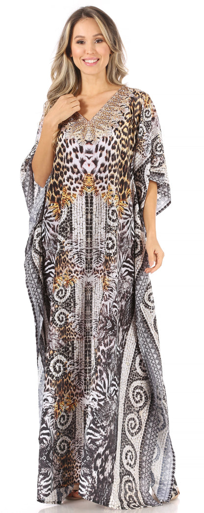Sakkas Anahi Flowy Design V Neck Long Caftan Dress / Cover Up With Rhinestone