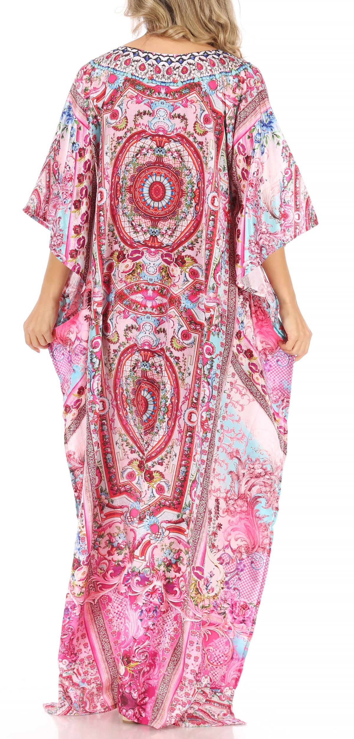 Sakkas Anahi Flowy Design V Neck Long Caftan Dress / Cover Up With Rhinestone