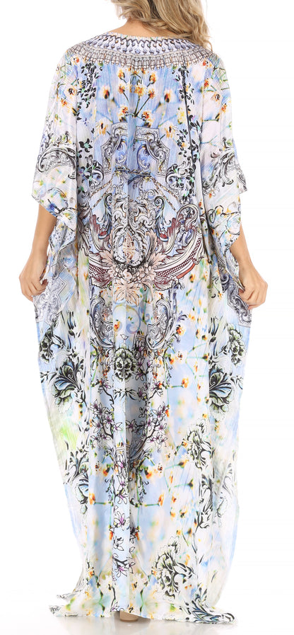 Sakkas Anahi Flowy Design V Neck Long Caftan Dress / Cover Up With Rhinestone