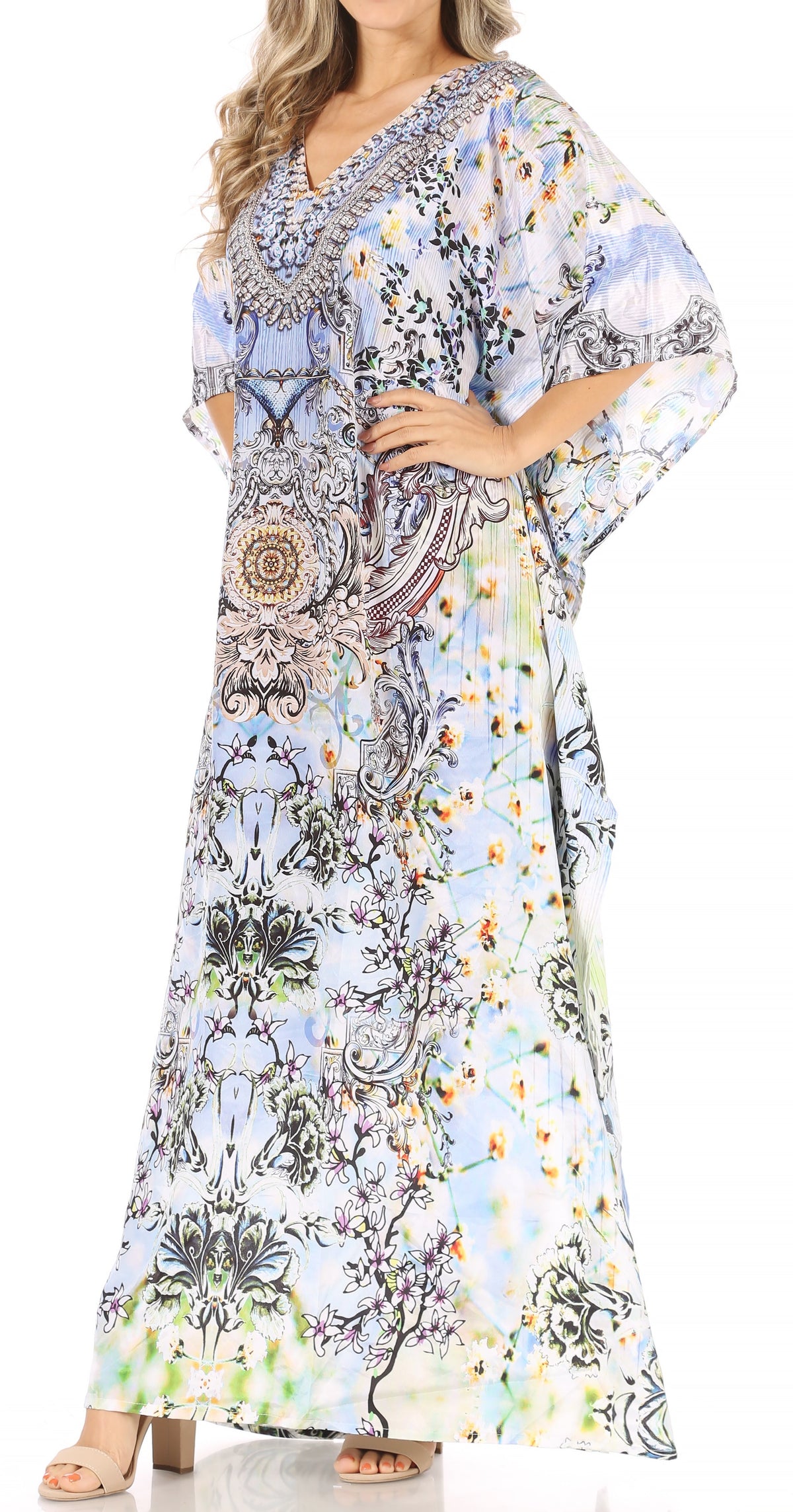 Sakkas Anahi Flowy Design V Neck Long Caftan Dress / Cover Up With Rhinestone