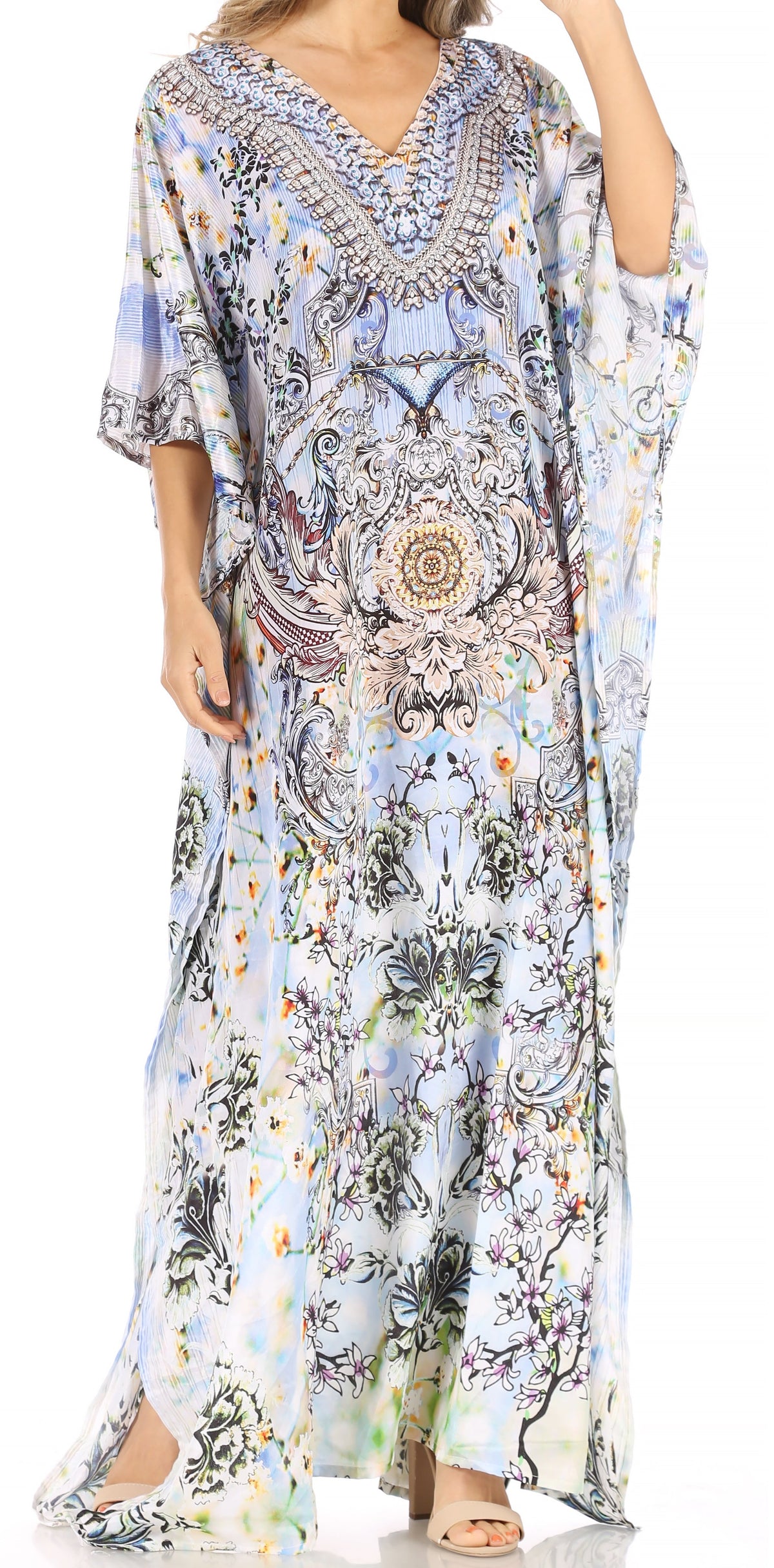 Sakkas Anahi Flowy Design V Neck Long Caftan Dress / Cover Up With Rhinestone