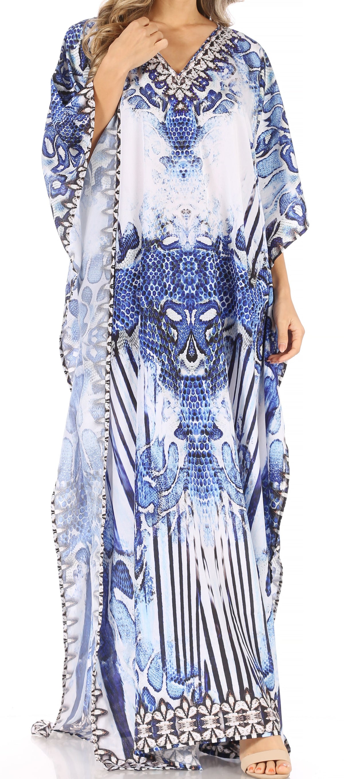 Sakkas Anahi Flowy Design V Neck Long Caftan Dress / Cover Up With Rhinestone