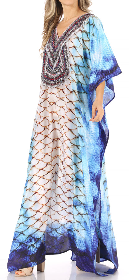 Sakkas Anahi Flowy Design V Neck Long Caftan Dress / Cover Up With Rhinestone