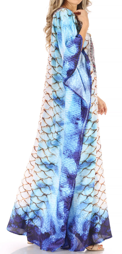 Sakkas Anahi Flowy Design V Neck Long Caftan Dress / Cover Up With Rhinestone