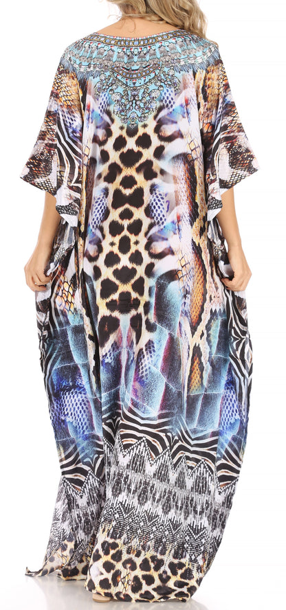 Sakkas Anahi Flowy Design V Neck Long Caftan Dress / Cover Up With Rhinestone