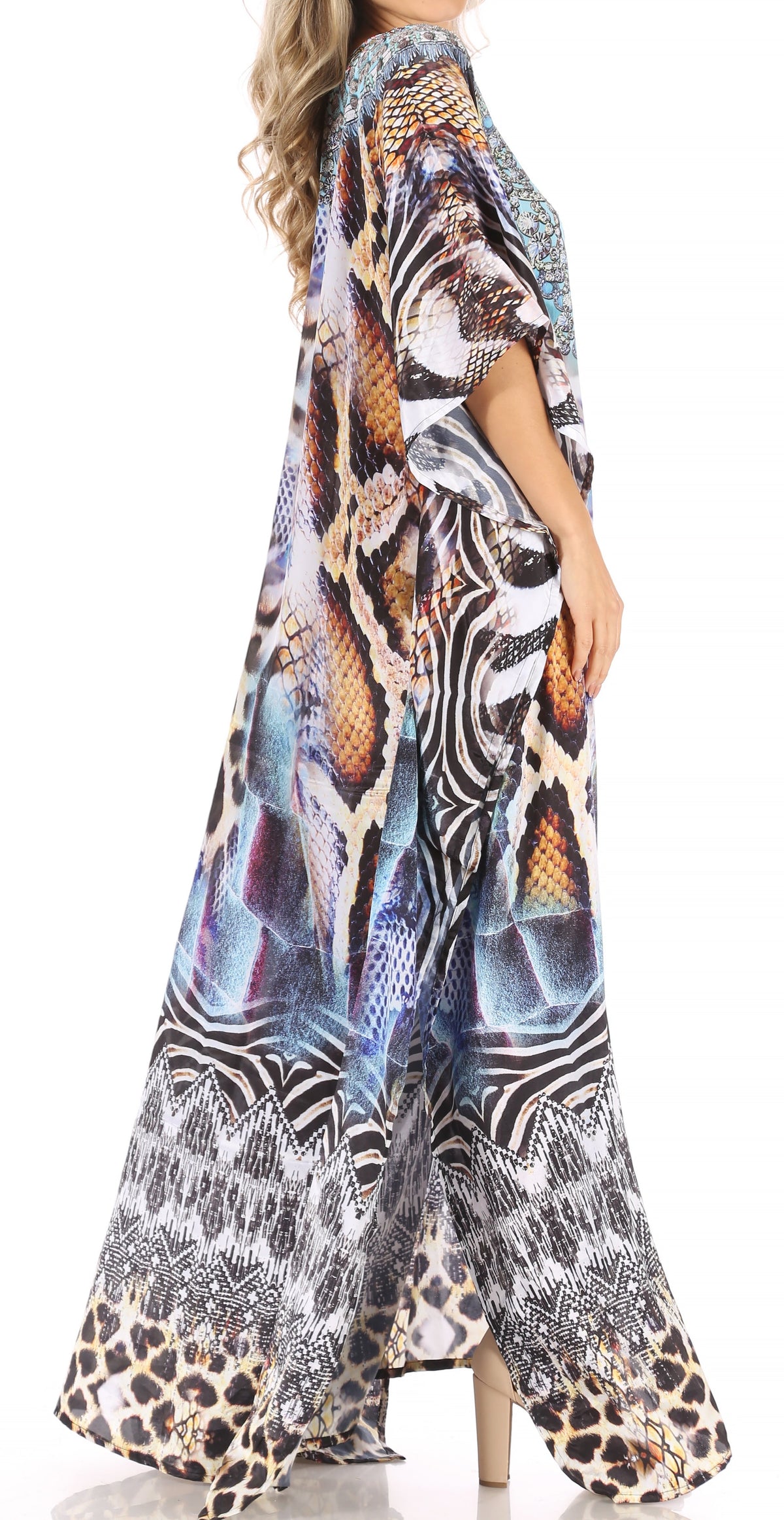 Sakkas Anahi Flowy Design V Neck Long Caftan Dress / Cover Up With Rhinestone