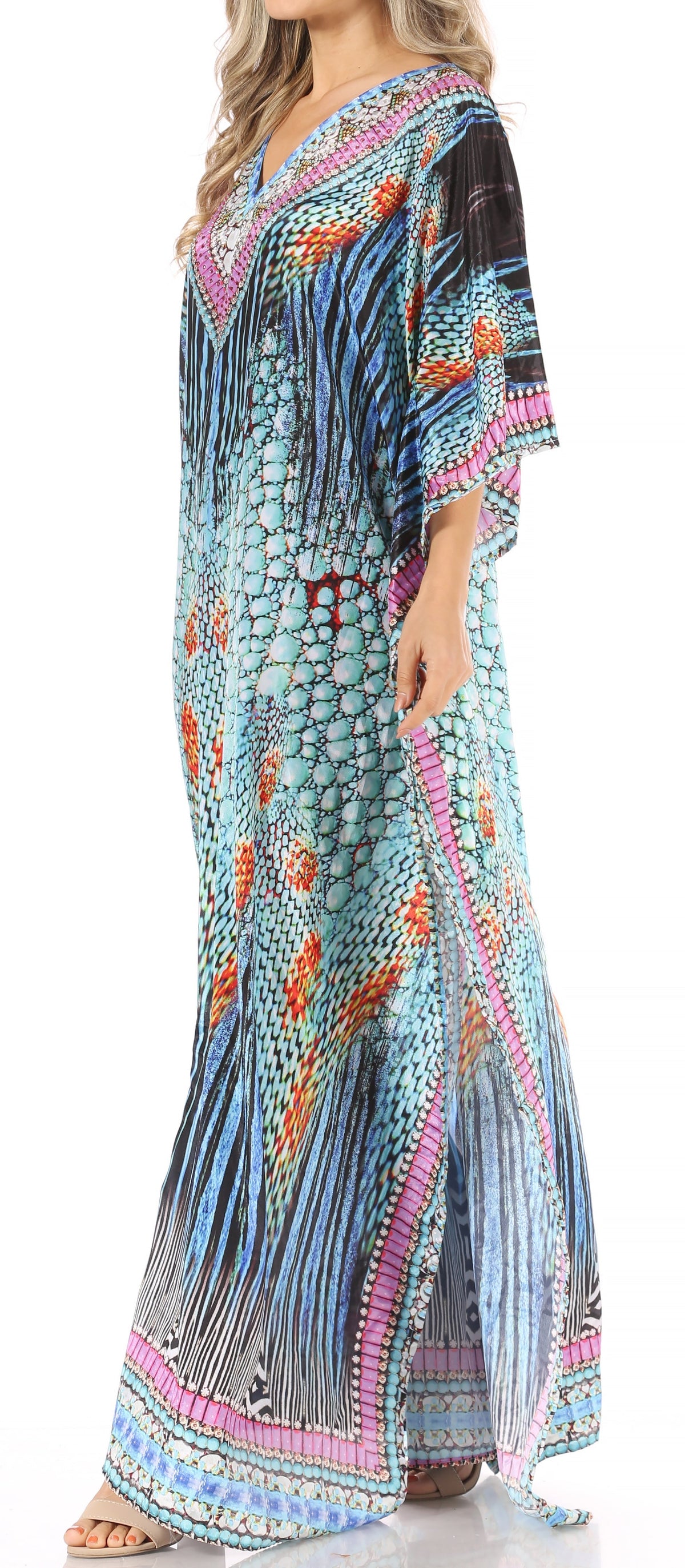 Sakkas Anahi Flowy Design V Neck Long Caftan Dress / Cover Up With Rhinestone