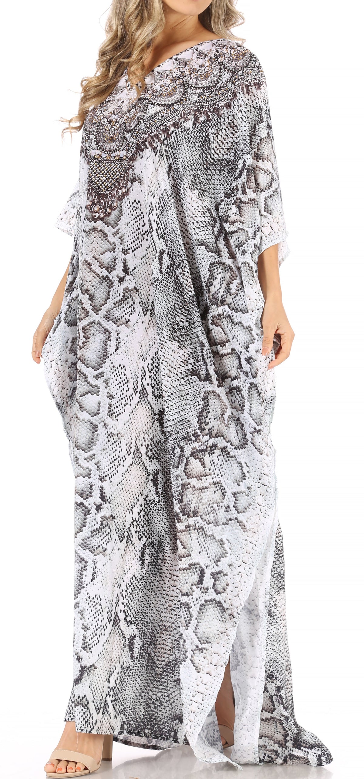 Sakkas Anahi Flowy Design V Neck Long Caftan Dress / Cover Up With Rhinestone