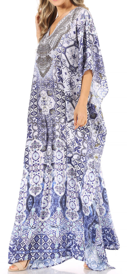 Sakkas Anahi Flowy Design V Neck Long Caftan Dress / Cover Up With Rhinestone