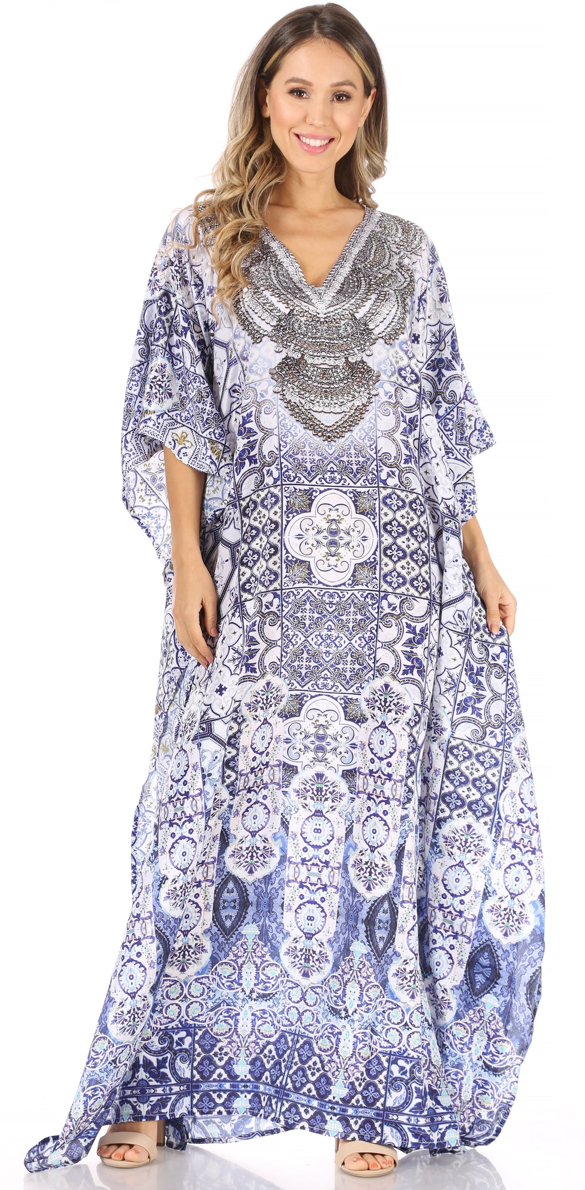 Sakkas Anahi Flowy Design V Neck Long Caftan Dress / Cover Up With Rhinestone