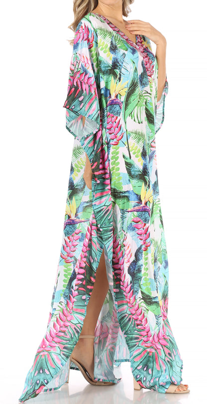 Sakkas Anahi Flowy Design V Neck Long Caftan Dress / Cover Up With Rhinestone