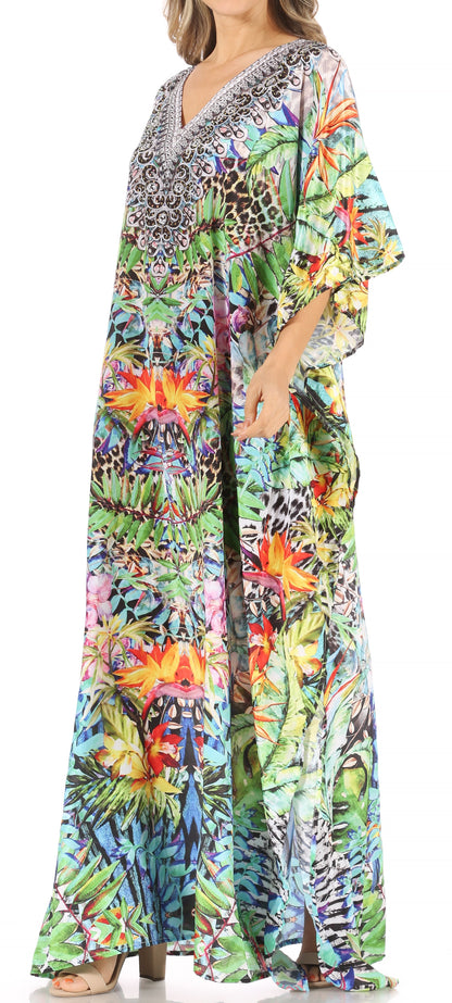 Sakkas Anahi Flowy Design V Neck Long Caftan Dress / Cover Up With Rhinestone