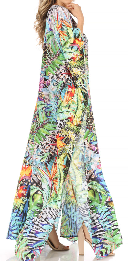 Sakkas Anahi Flowy Design V Neck Long Caftan Dress / Cover Up With Rhinestone