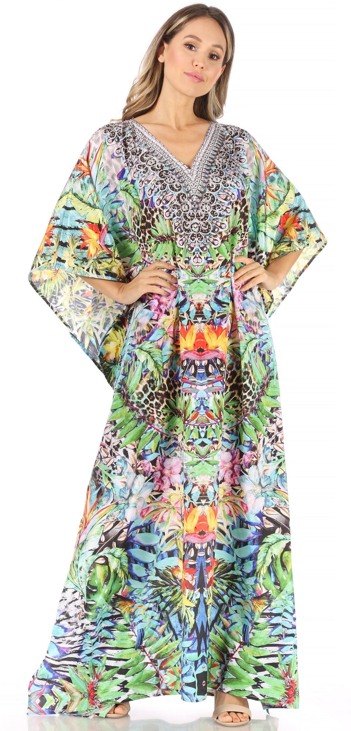Sakkas Anahi Flowy Design V Neck Long Caftan Dress / Cover Up With Rhinestone