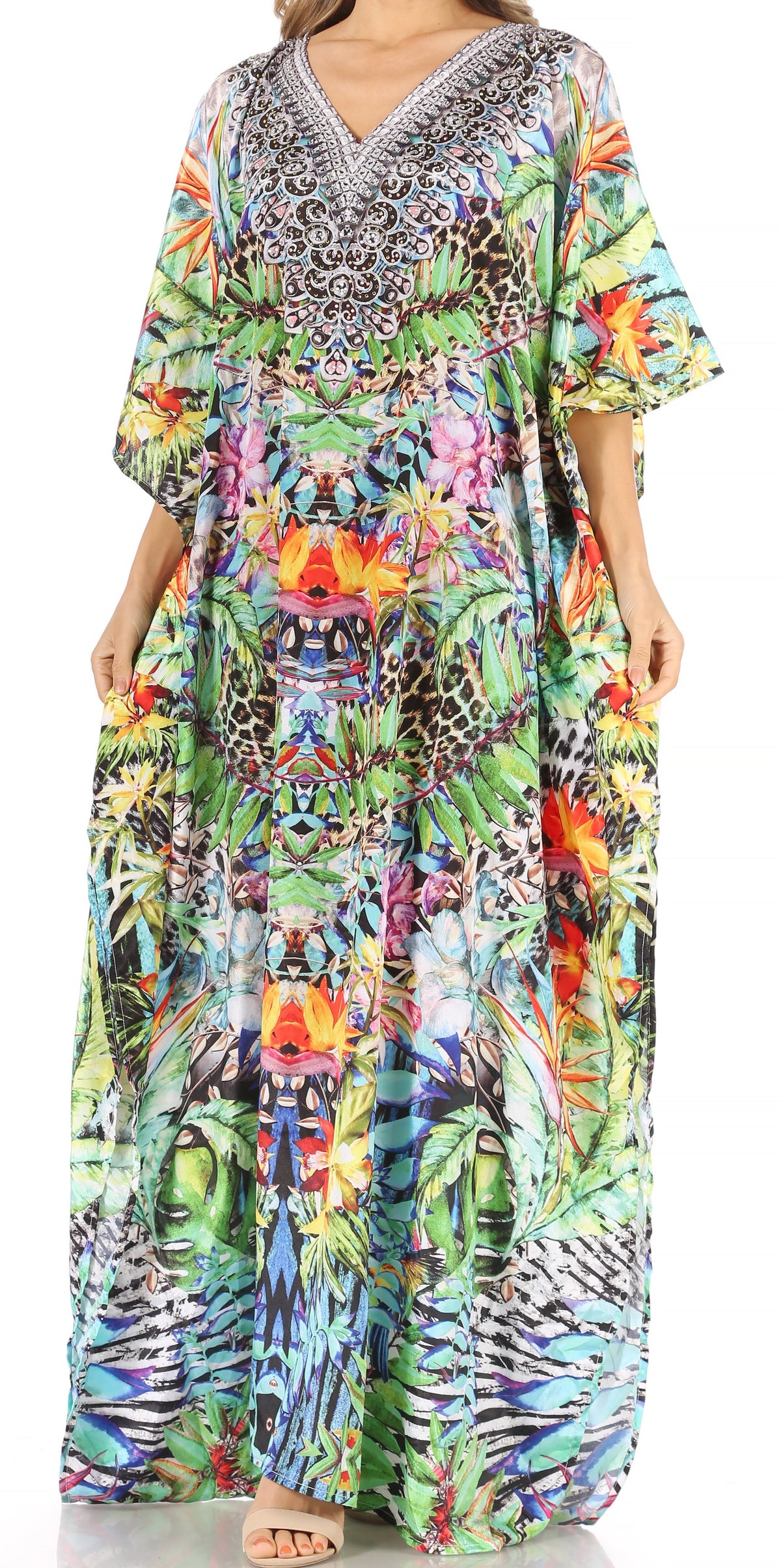 Sakkas Anahi Flowy Design V Neck Long Caftan Dress / Cover Up With Rhinestone