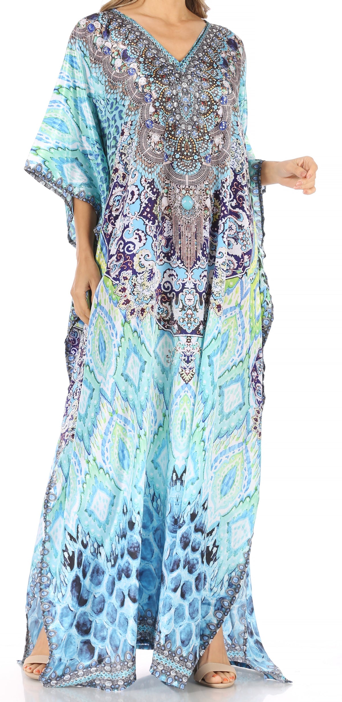 Sakkas Anahi Flowy Design V Neck Long Caftan Dress / Cover Up With Rhinestone