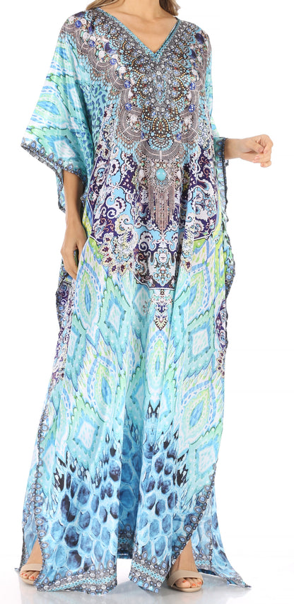 Sakkas Anahi Flowy Design V Neck Long Caftan Dress / Cover Up With Rhinestone