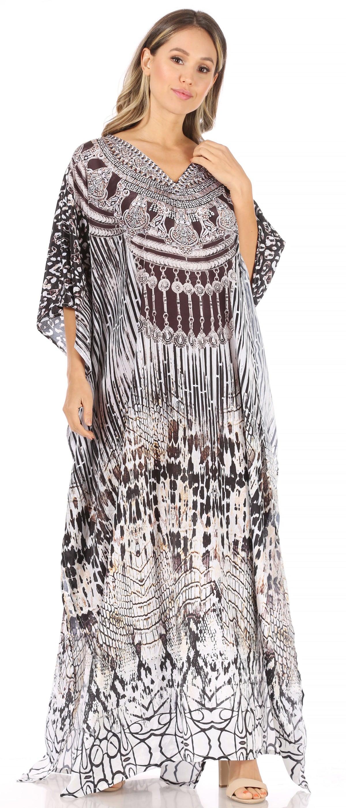 Sakkas Anahi Flowy Design V Neck Long Caftan Dress / Cover Up With Rhinestone