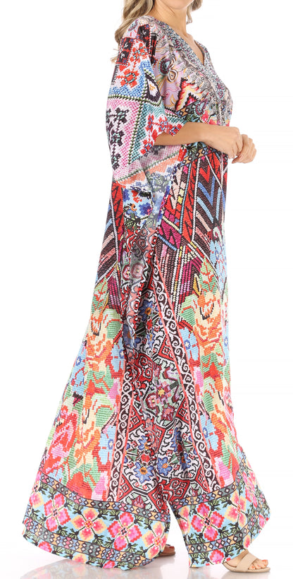 Sakkas Anahi Flowy Design V Neck Long Caftan Dress / Cover Up With Rhinestone