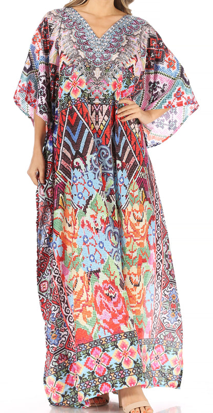 Sakkas Anahi Flowy Design V Neck Long Caftan Dress / Cover Up With Rhinestone