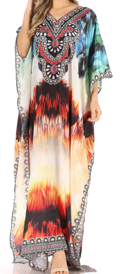 Sakkas Anahi Flowy Design V Neck Long Caftan Dress / Cover Up With Rhinestone