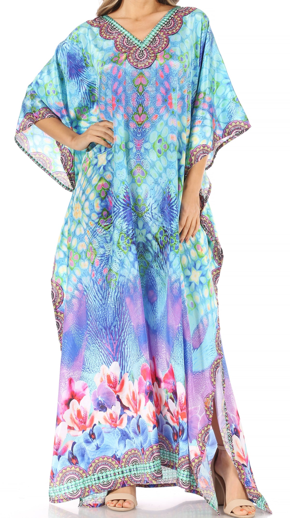 Sakkas Anahi Flowy Design V Neck Long Caftan Dress / Cover Up With Rhinestone