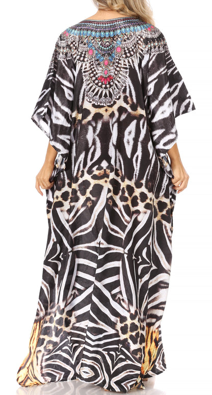 Sakkas Anahi Flowy Design V Neck Long Caftan Dress / Cover Up With Rhinestone