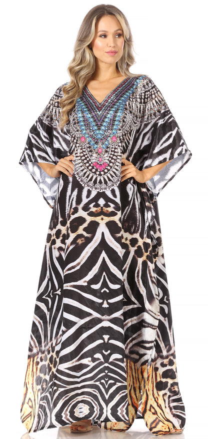 Sakkas Anahi Flowy Design V Neck Long Caftan Dress / Cover Up With Rhinestone