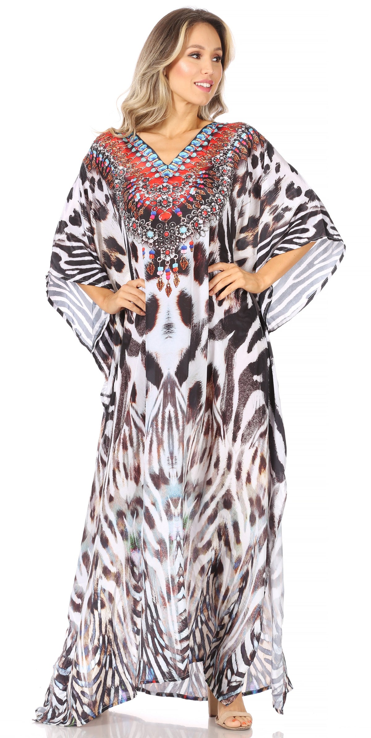 Sakkas Anahi Flowy Design V Neck Long Caftan Dress / Cover Up With Rhinestone