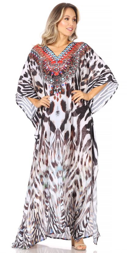 Sakkas Anahi Flowy Design V Neck Long Caftan Dress / Cover Up With Rhinestone