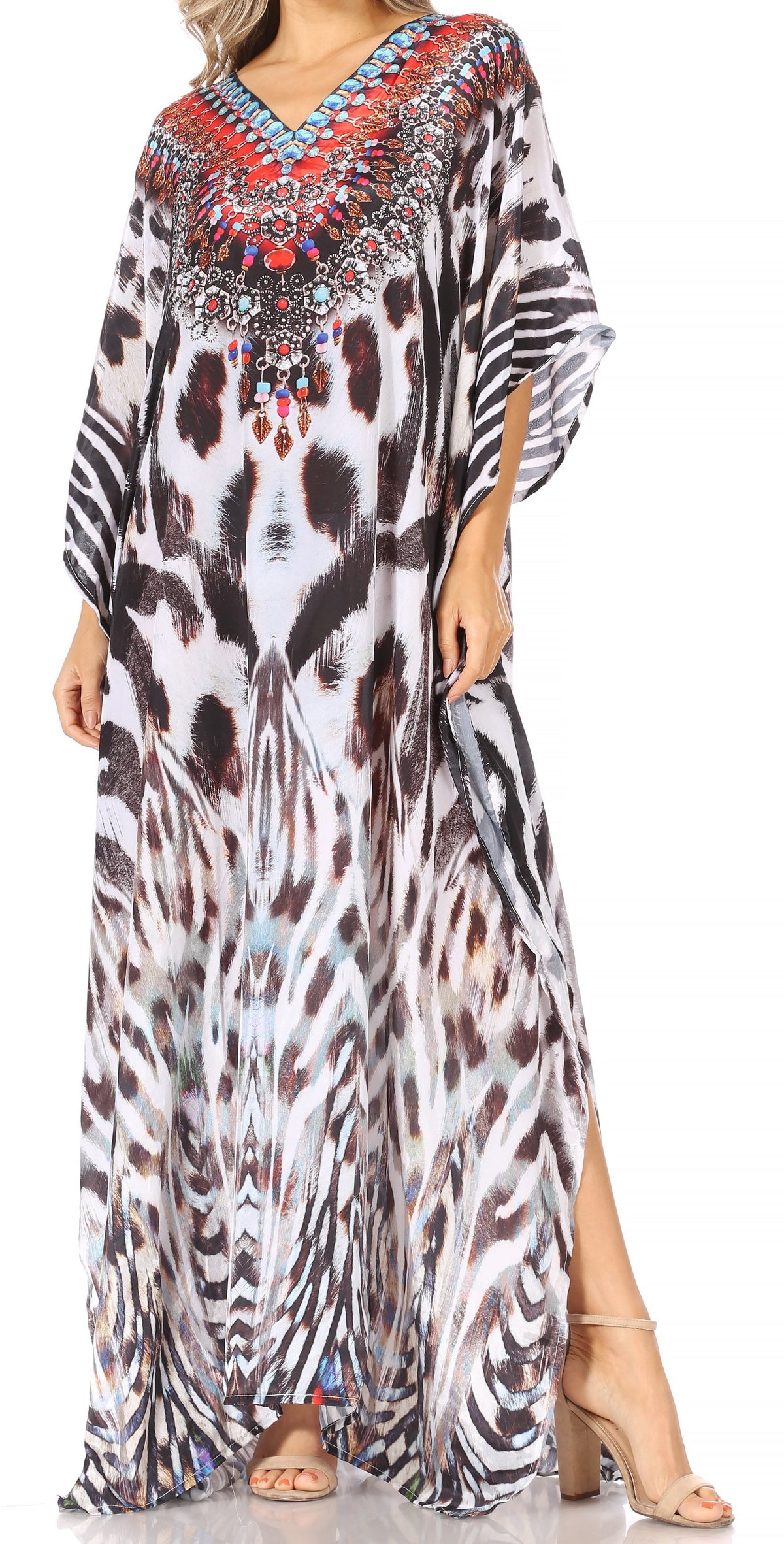 Sakkas Anahi Flowy Design V Neck Long Caftan Dress / Cover Up With Rhinestone