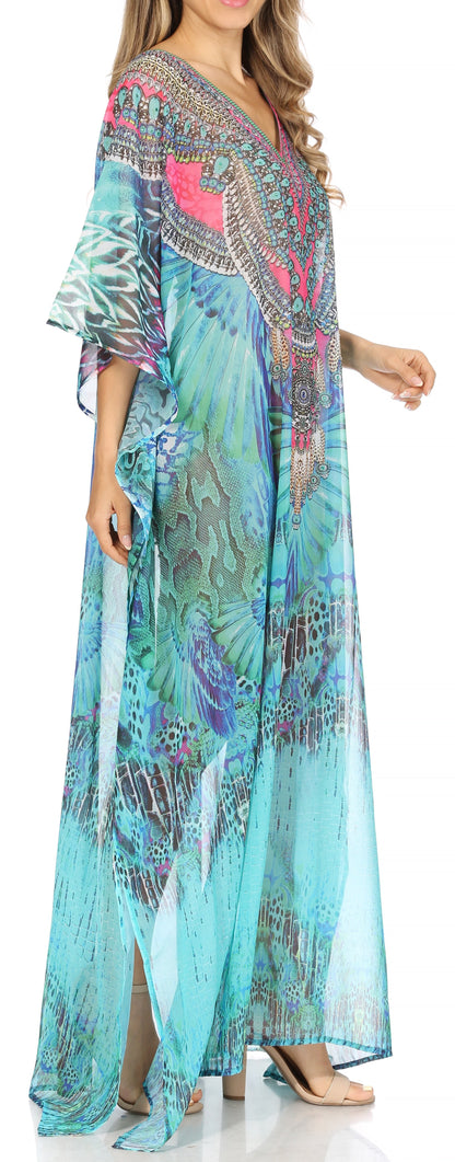 Sakkas Wilder Printed Design Long Sheer Rhinestone Caftan Dress / Cover Up