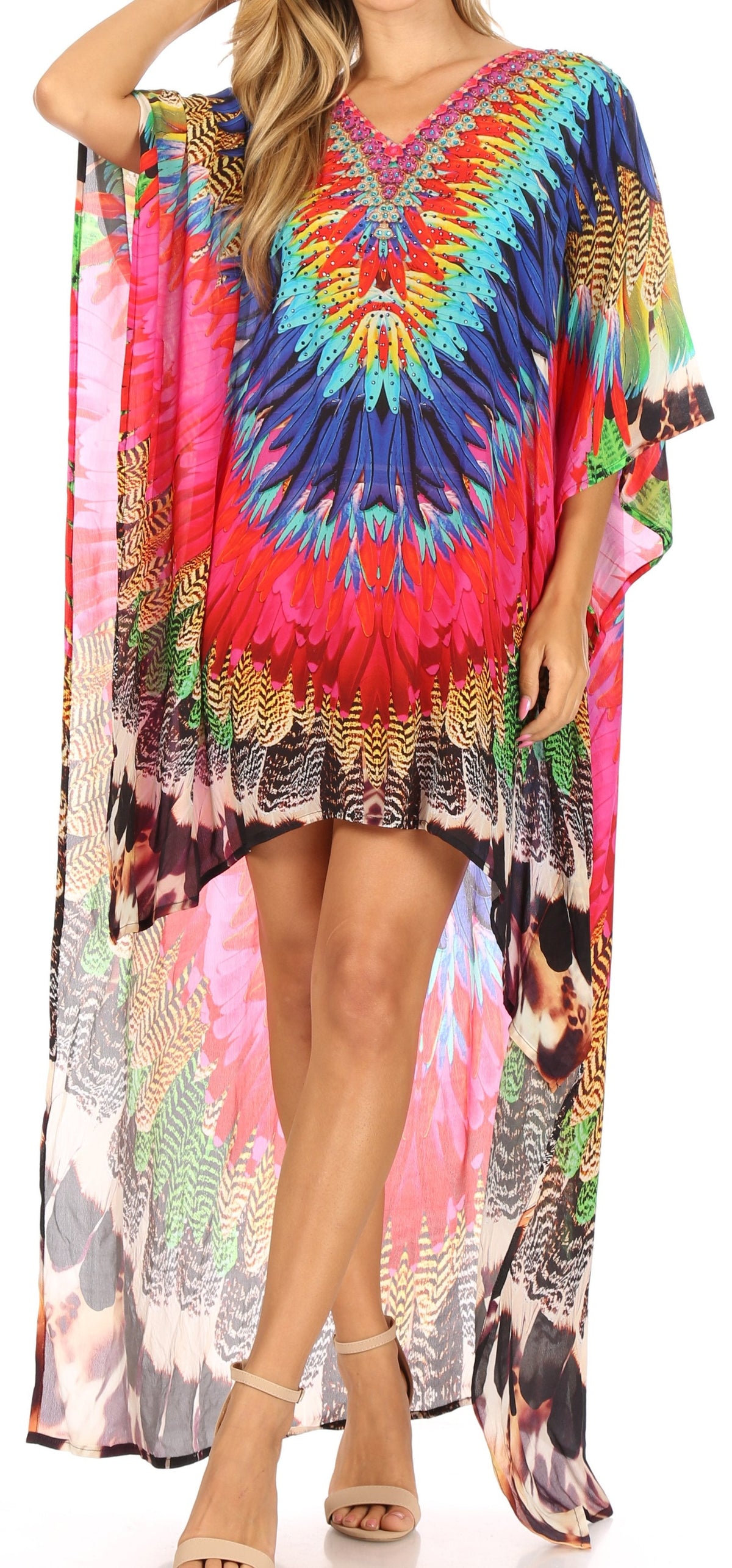 Sakkas Laisson Flowy Hi Low Caftan Rhinestone Boxy V Neck Dress Top Cover / Up