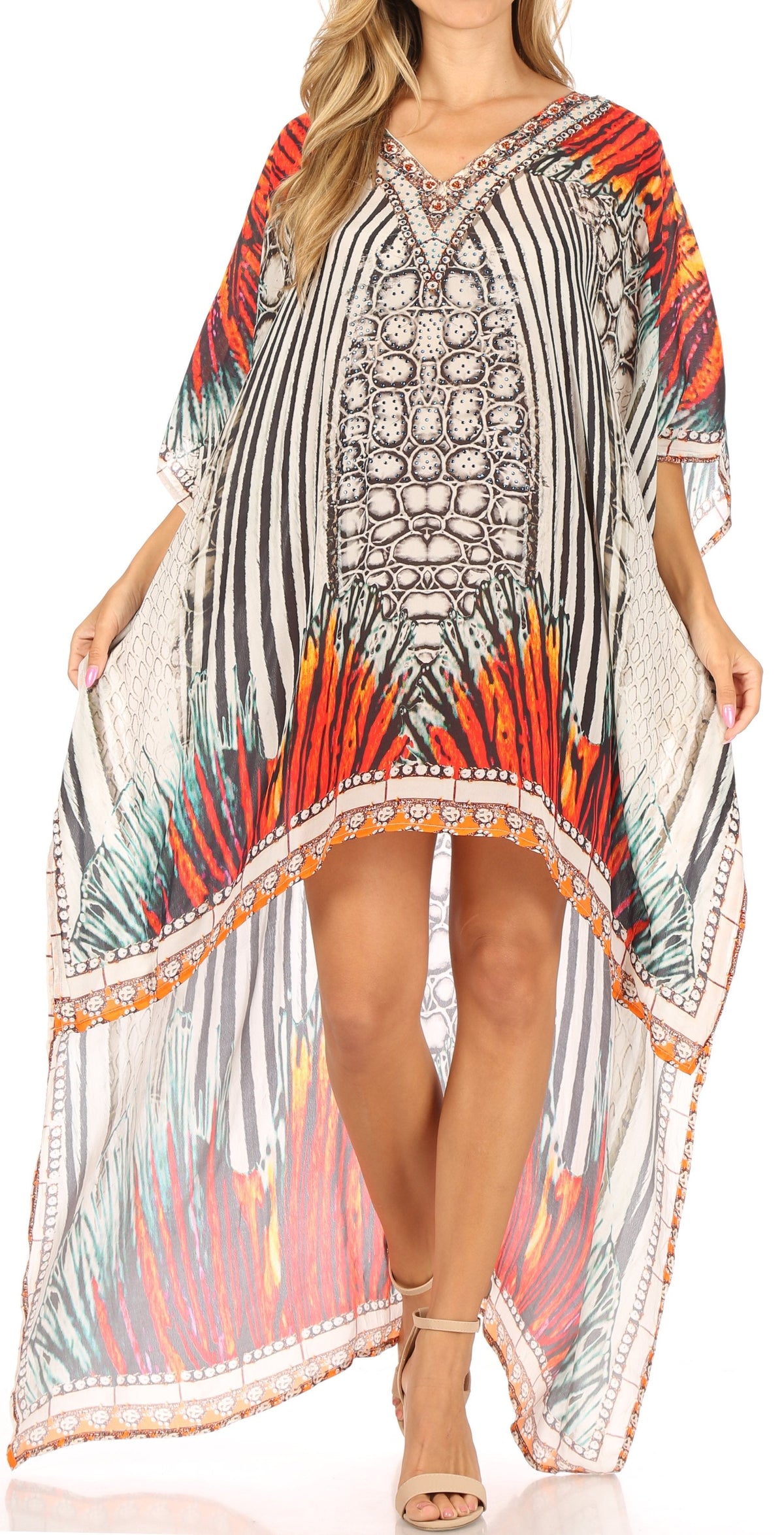 Sakkas Laisson Flowy Hi Low Caftan Rhinestone Boxy V Neck Dress Top Cover / Up