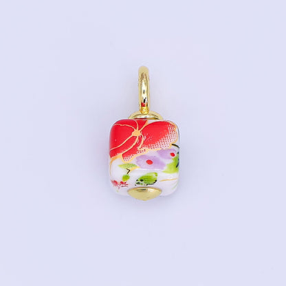 24K Gold Filled Green, Yellow, Purple, Red, Pink Flower Cube Ceramic Drop Pendant | E710 - E729