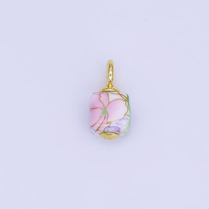 24K Gold Filled Green, Yellow, Purple, Red, Pink Flower Cube Ceramic Drop Pendant | E710 - E729