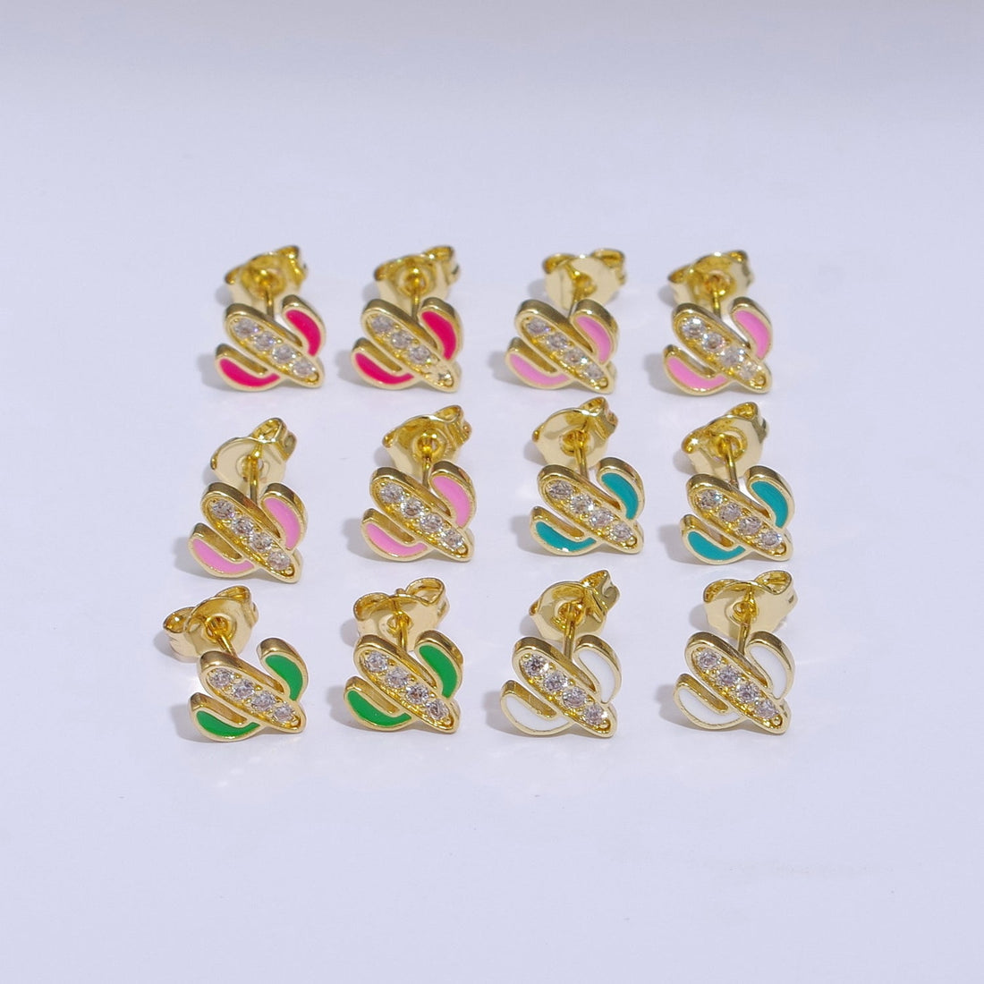 Green, Pink, Red, White Blue Enamel Micro Paved CZ Succulent Cactus Plant Desert Mini Stud Earrings | T145 - T149