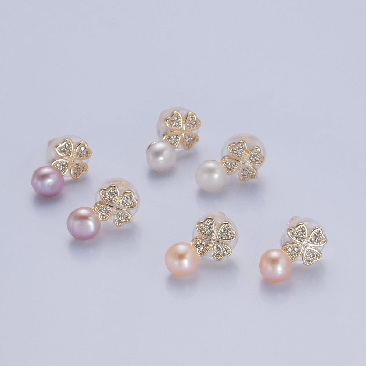 Gold White, Purple, Pink Shell Pearl Micro Paved CZ Clover Stud Earrings |  V379 - V381