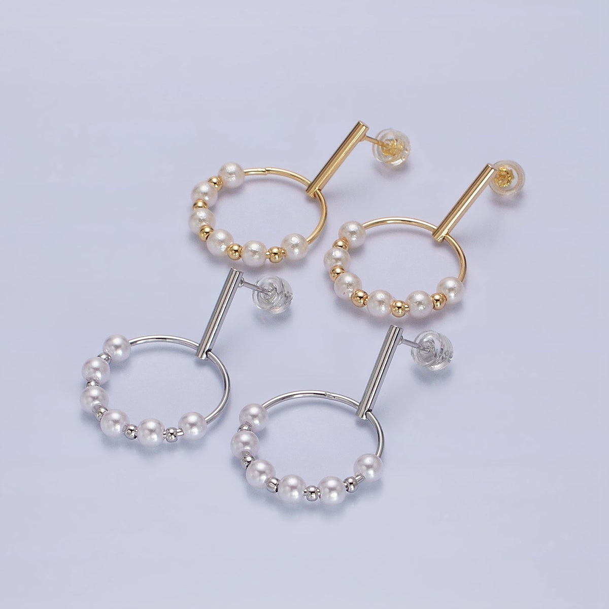 Silver, Gold Round Shell Pearl Bead Circular Drop Linear Stud Earrings | AB1098 AD784