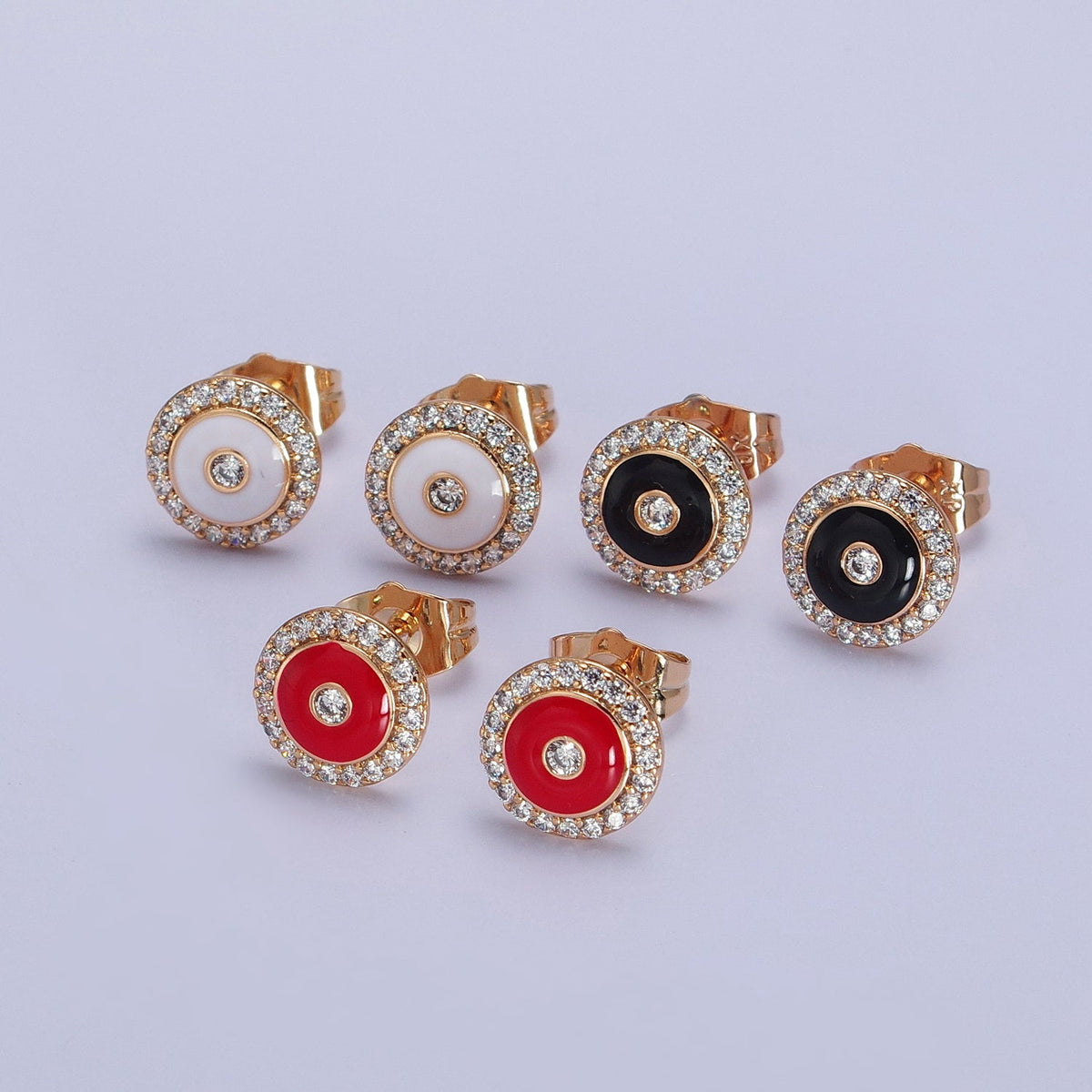 18K Gold Filled 10mm Black, Red, White Enamel Micro Paved CZ Round Stud Earrings | AB290 - AB292