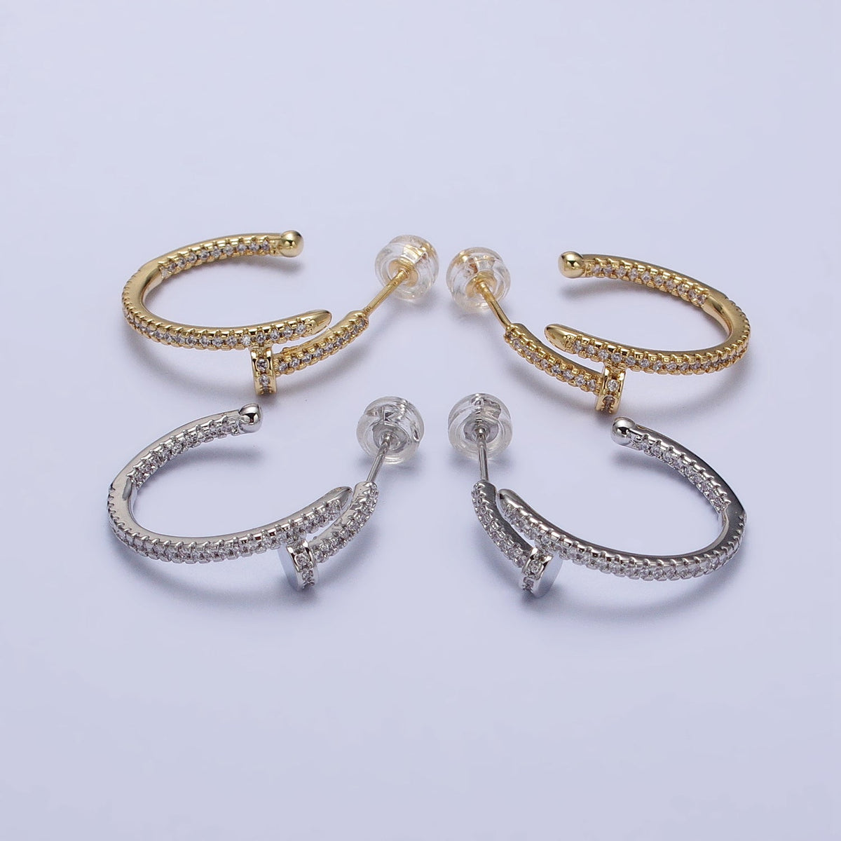 24K Gold Filled 23mm Needle Micro Paved CZ Hoop Earrings in Gold &amp; Silver | AB534 AB535